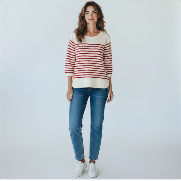 Talbots Red and Cream Striped Crew Neck Sweater - Picture 2 of 12